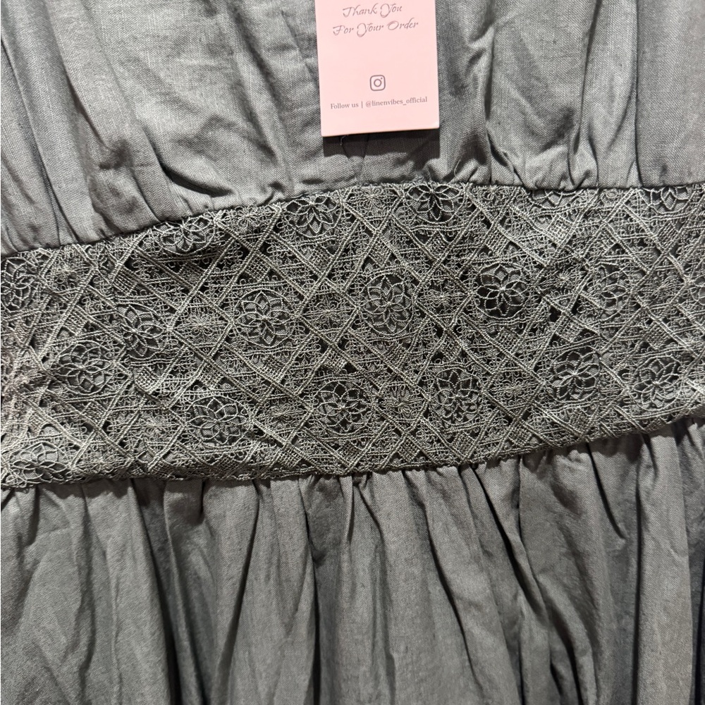 Line Vibes Elegant Green Linen Lace Maxi Dress size Large - Picture 3 of 5